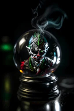 portrait of smoking joker punk elf inside crystal ball against pitch black background, shot on Hasselblad h6d-400c, zeiss prime lens, bokeh like f/0.8, tilt-shift lens 8k, high detail, smooth render, down-light, unreal engine, prize winning