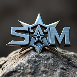 The word ‘ SAM ‘, made of sharp blade metal, stylized font, fixed on top of a rock, close up photo, lustrous, shiny, ninja star