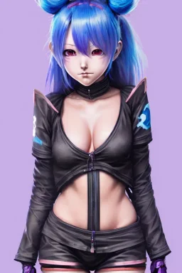 Detailed cute anime Kunoichi girl, blue hair buns, purple bangs, black latex bodysuit, intricate details, full body portrait, keep head in frame, slight smile, black Japanese motif, concept art, highly detailed, digital painting, concept art, sharp focus, illustration, art by Yoji Shinkawa, WLOP and greg rutkowski and alphonse mucha and artgerm and yanjun Chen and Junji ito and Makoto Shinkai, HDR, octane render