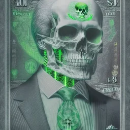 a head and shoulders portrait of a skeleton dressed in a three-piece suit as the president of the united states, based on us currency, united states one dollar bill, shades of green, real-life, colors match the united states one dollar bill, realistic, robotic, black and white