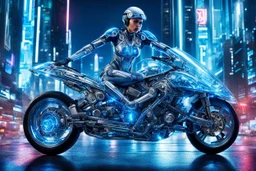 transparent glass blue shiny cyborg woman riding a transparent glass-metallic futuristic motorcycle, high cyber city background, high detailed, cyberpunk style, high contrast, dramatic low angle, full body visible, legs visible, the way with neon lights, sharp focus, perfect composition, measterpiece