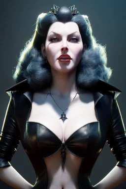 Lana Turner as evil queen in black leather, leather, busty, cleavage, angry, stern look. character design by cory loftis, fenghua zhong, ryohei hase, ismail inceoglu and ruan jia. unreal engine 5, artistic lighting, highly detailed, photorealistic, fantasy