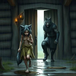 fantasy digital art of kicked out of the house her father out the door with his foot a very sad little anthro wolf she have wolf face gray hairy wolf body and wears just a short canvas rag around her waist , she have sadly face , rain , behind she an tall angry anthro wolf man in dark gray body hairy kicks she out the door , behind in rustic halb open door in an massive wooden house, rainy day, detailed, fantasy mood