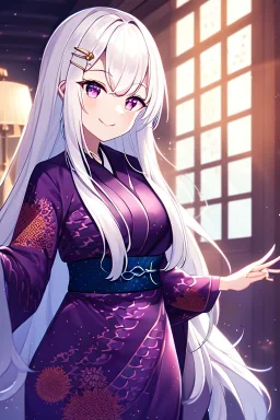 girl, masterpiece, best quality, cinematic lighting, detailed outfit, vibrant colors, perfect eyes, white hair, purple eyes, long hair, dragon pattern kimono, indoors, light rays, hairclip, smile,