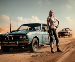 Realistic image. Mad max car. BMW 4 series, 2023 version. One woman standing in front of car. 4k resolution, intricate details, ornate details, soft lighting, vibrant colors, mad max background