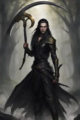 an elven warrior, with golden eyes, long black braid, dressed in black leather, carrying a gigantic scythe