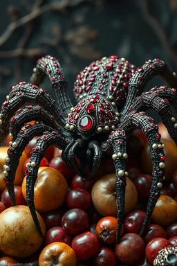 a spider covered with small rubies and pearls, sitting on a pile of fruits, ash Thorpe, ornate colored stones, frightening art in color, rococo ecopunk, the caretaker, a frame from the animated horror film "necrosis", inspired by Olga Bozhnyanskaya, very detailed and hypnotic, in the style of Giger.