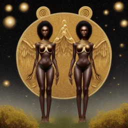 Female angelic African American Twins, black skin, tall and slender, long afro kinky hair,big brown eyes, long eyelashes warrior wear. Big butts. Gold accents on clothing. Surround by trees. Holding golden spears. Starry night