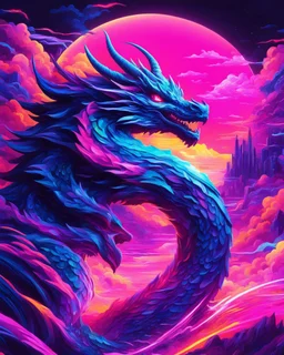 Dragon in a vibrant synthwave dreamscape, neon chaos swirling energetically around pixelated forms, a dynamic fusion of retro gaming nostalgia and futuristic abstraction