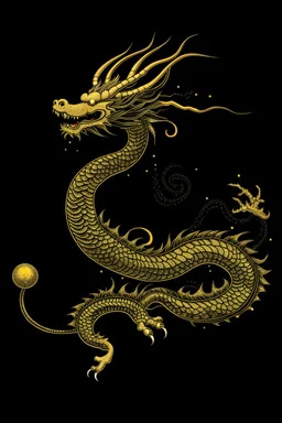tall yellow elegant chinese dragon chasing the pearl and soaring through the air without wings dark scarlet background