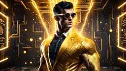 Hyper Realistic handsome muscular Electric-Superhero with short-black-hair wearing long-fancy-yellow-tuxedo-with-golden-circuit-patterns & fancy-sunglasses in a dark-rustic-circuit-room with electric-sparks-&-rays & a massive circuit-board-wall with-glowing-embers showing dramatic & cinematic ambiance.