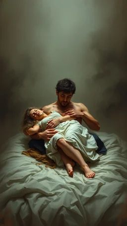 Remy Cogghe painting style, a trajectory a man holding his girl who is dead , she is laying down on bed in a foggy smoky background