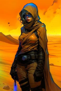 create a fine art print full body illustration of a rugged gritty, roughly textured, hooded, black clad and dusty Fremen female mercenary with highly detailed feminine facial features, amidst the billowing desert storms of Arrakis, in the comic book art style of Bill Sienkiewicz, and Jean Giraud Moebius, finely textured, drawn, colored, and inked,