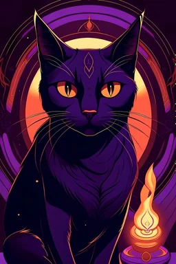 un gato negro con símbolos egipcios en la cara y ojos en llamas que sean de color morado, en un ambiente con tonos morados