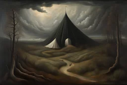 a foreboding dark surreal landscape of rolling hills with a broken circus tent hidden in a forest and dramatic storm clouds by artist "Leonora Carrington",by artist "Agostino Arrivabene",by artist "David Inshaw"