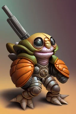 A cartoon hermit crab wearing a post apocalyptic warrior costume with guns equipped on it's shell.