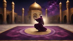 Hyper Realistic Sufi Whirling on stone floor with maroon, purple & Golden Islamic Sufi Rustic Grungy Background outside black-&-golden marble Islamic monument at dark night, heavy-fig with stars on sky showing dramatic & cinematic ambiance.