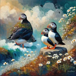 Create an oil painting depicting two puffins perched on rock cliffs in Iceland with tiny white wildflowers growing around them. Modifiers: elegant intricate beautiful colourful Zdzisław Beksiński acrylic art abstract watercolor Fractal Henri Matisse Paul Klee mysterious Victo Ngai warm light watercolor ink beautiful elegant intricate