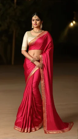 A regal supermodel stands beneath the soft glow of twilight, exuding poise and timeless allure. She wears an elegant ivory blouse adorned with delicate hand embroidery and subtle pearl detailing that shimmers with understated opulence. Her crimson silk saree flows in luxurious folds, the rich hue catching the light with every movement. The saree's border features intricate scalloped gold zari work that lends depth and grandeur to the ensemble. Her jewelry is steeped in tradition: an antique gold