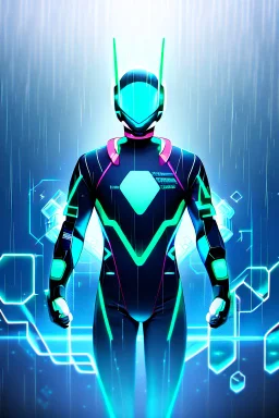 cyberpunk, neon blue, high technology, geometric figures, orbiting figures, cyberpunk suit, black and blue, epic, rain, neon blue suit, geometric figures orbiting around suit, exosuit, male