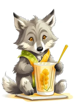 wolf cub reading book with a glass of juice with straw on right side