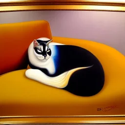 oil portrait of tricolor pattern Cat sleeping in a sofa by Boris Vallejo 8k