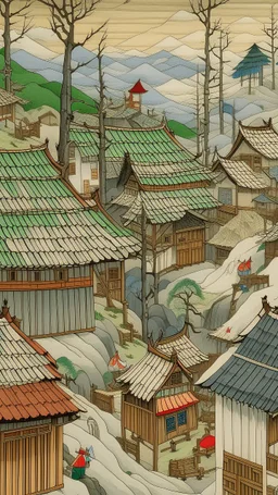 A white village with windmills in a windstorm designed in Matryoshka dolls painted by Utagawa Hiroshige
