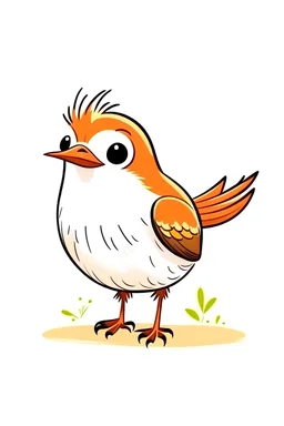 A Veery bird that delights children with a wonderful laugh. A bird with chestnut-brown plumage on its back and head, and white feathers on its chest and abdomen. Funny and cartonic