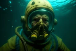 making funny face at the day of a nightmare ten miles high through the deep sea diving helmet and six foot deep, hyper photorealistic, hyper detailed realistic art color, high resolution, fog, octane render, tilt shift, HDRI Environment
