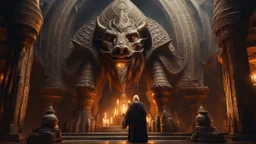 The dwarf priest known as The Lord of Bones walking through his underground temple, that is made of dragon bones. intricately sculpted, exquisite realism, fantasy art. Epic cinematic brilliant stunning intricate meticulously detailed dramatic atmospheric maximalist digital matte painting