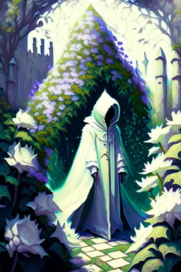 Castle hedge maze with strange flowers and hooded figure in white robes rpg art painterly