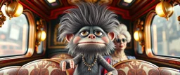 fascist dynasty soap opera, entire cast close up portrait of hairy fluffy polymer clay cute female happy worried monster with realistic human colored and textured skin, and long sleek limbs and with studio lights, on a luxury ornate neon buss, talking to his aunt