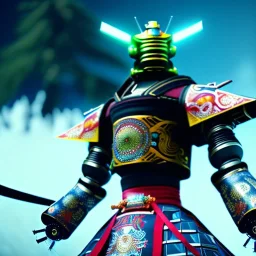 A portrait of a crystalised robot samurai with yakuza tatu, atmospheric, aggressive design, realistic, unreal engine cosmic galactic, cinematic lighting, octane render, random colours, transparent, unreal engine