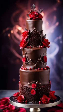 stunning chocolate wedding cacke with black and ruby chocolate decorations, high realistic, high detalied, sharp focus, dynamic lighting, stunning, blur background with pale light