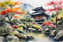 Peinture aquarelle d'un magnifique jardin japonais