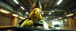 car driving happy 2d fluffy pirate parrot orc in the style of Escher and Giger and Fallout 4, pinhole cam, airbrush 3d rendering, on tv screen:A five-second cinematic single take in a clean industrial presentation hall.