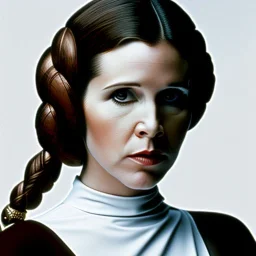 half-length color photo shoot, three-quarter face pose of carrie fisher as Princess Leia with realistic fine and very simple short hair, entrancing deep brown eyes, Intricate, High Detail, Sharp focus, realism, beautiful and detailed lighting, Nikon D850, ef 85mm 5.6 by Annie Leibovitz
