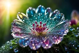 spring dew, macro photo, sparkling magical fantasy, glass flower dewdrop, very detailed, amazing quality, etheral, intricate, cinematic light, highly detailed, beautiful, epic, galaxy fantasy colors, stunning