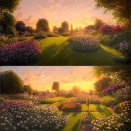 View of a beautiful sunset in the garden, oil on canvas, intricate, portrait, 8k highly professionally detailed, HDR, CGsociety, illustration painting by Mandy Jurgens and Małgorzata Kmiec and Dang My Linh and Lulu Chen and Alexis Franklin and Filip Hodas and Pascal Blanché and Bastien Lecouffe Deharme, detailed intricate ink illustration, heavenly atmosphere, detailed illustration, hd, 4k, digital art, overdetailed art, concept art, complementing colors, trending on artstation, Cgstudio