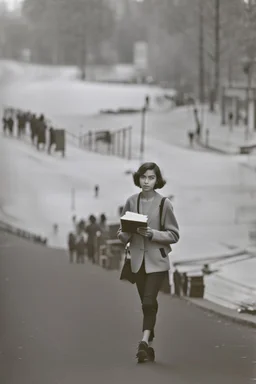 color photo of a student girl 22 years old ,short hair with her books in her hand walking in street,next to trees.