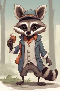 a really long-nosed raccoon from the future, with educated and skillful hands, long nose, that wears clothes and standing on two legs