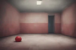 An empty dirty red room with a beach ball, liminal and gloomy, dark