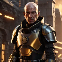 star wars bald male corellian pilot wearing pearlescent black and gunmetal grey First Order special forces heavy assault stealth commando armor and helmet with gold trim inside the jedi temple, hyperdetailed, dynamic lighting, hyperdetailed background, 8k resolution, volumetric lighting, light skin, fully symmetric details