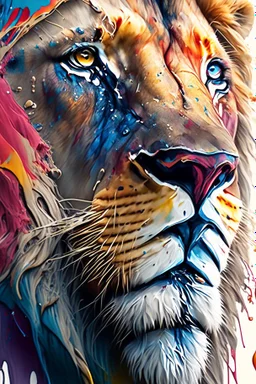 "lion", clean design, epic Instagram, art station, splash of colorful paint, contour, ((solid white background)), closeup, looking into camera, hyperdetailed intricately detailed, unreal engine, fantastical, cinema lighting, intricate detail, splash screen, complementary colors, fantasy concept art, 8k resolution, DeviantArt masterpiece, watercolor, paint dripping