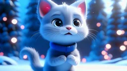 A Cute Pixar animation style of a kitten in a winter wonderland, fashion, 3D rendering, illustration, anime, typography, fashion, photo, 3d render, 8K, 4K, hyper realistic, exquisite detail, full length cat