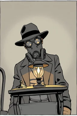 a small table with lamp, with a man behind wearing a gas mask and wide brimmed flat top hat, higher perspective, graphic novel