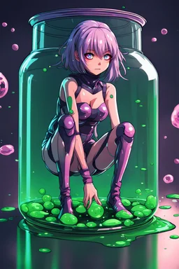 moody anime girl in a futuristic suit made with slime, scared face trapped in a jar, feet point view,