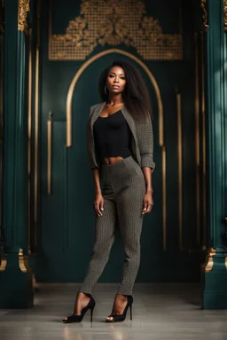 fullbody shot of young-beautiful-girl-with-a-perfect-face-with-make-up-wearing- top and pants standing , prophesional photography studio