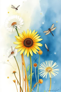 Dandelions, Water Hemlock, wild flowers and dragonflies stunning watercolor art by susan Winget, painted, in gold, blue and white tones with a sunflower --v 7