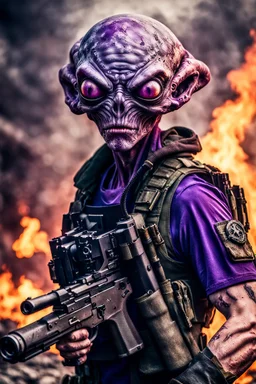 an epic 12k,ultra high definition , digital photo of a scary looking alien, purple colored alien, angy and rising from the ashes, a war veteran, army beret , captain rank, ripped and torn ammo clothing, chaotic fiery and dust background, dramatic close-up action shot of him behind the machine hand gun on the burned out war tanker,gothic and sinister